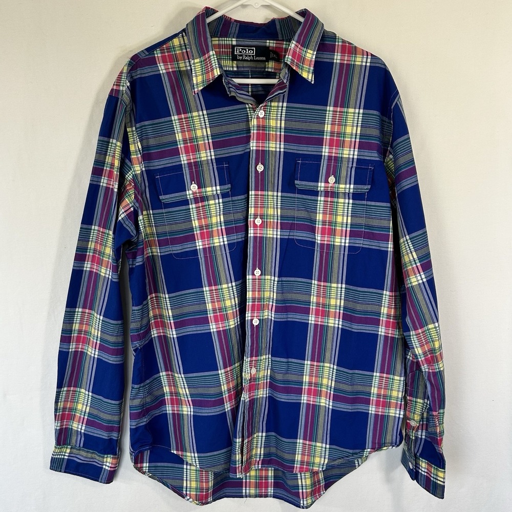 Polo Ralph Lauren Men's Plaid Button Down Shirt Blue Pink Yellow Pockets Sz XL